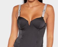 Black Diamante Strap V Bar Bodysuit size 12UK