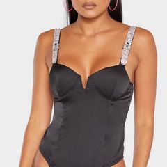 Black Diamante Strap V Bar Bodysuit size 12UK