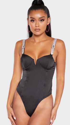 Black Diamante Strap V Bar Bodysuit size 12UK