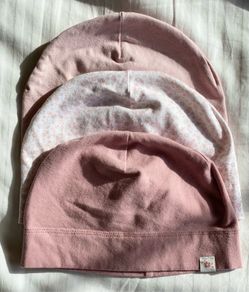 3 Dusky pink baby hats 12-24 months