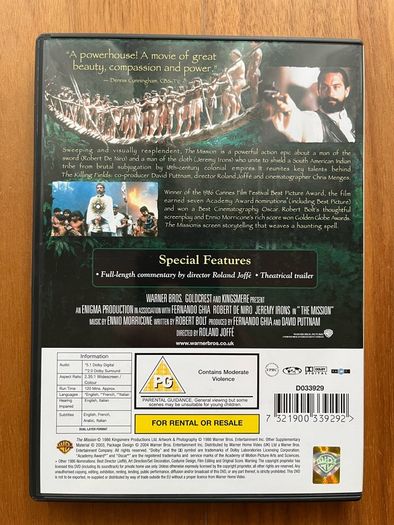 The Mission DVD Robert De Niro, Jeremy Irons, Liam Neeson