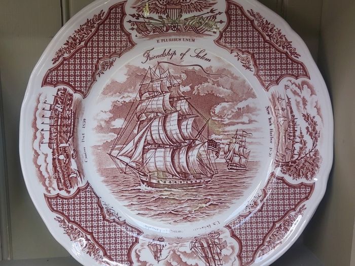 Vintage Set of Six Brown and White Fair Winds, Historical Scenes of Chinese Export to America - "The Friendship of Salem" Large Dinner Plates by Alfred Meakin