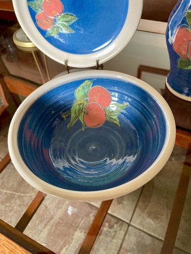 Vintage R and J Forrester Bandon Pottery Ireland Jug Sugar Bowl Plate Cobalt Blue Fruits Design