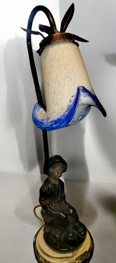 Bronze and marble lamp with signed antique glass shade
