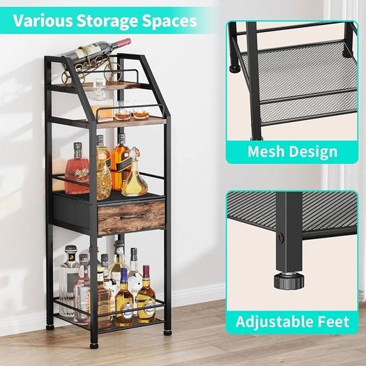 Wine Racks Free Standing- 4-Tier Stepped Drinks Cabinet Home Bar with Fabric Drawer, Wine Cabinet Wine & Glass Organizer, Bar Cabinets for Living Room, Kitchen, or Dining Room