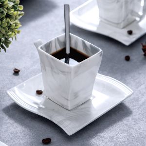 Stylish Modern Porcelain China Square 55 Piece Dinner Set, Marble Grey, Dinnerware, Dinner Party Set. Plates, Cups Mugs Bowls Egg Cups