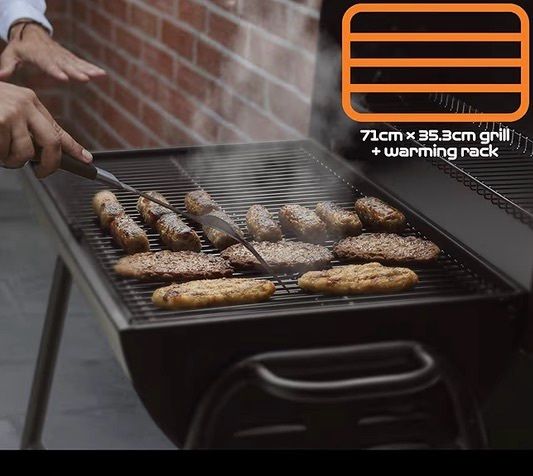 Portable Barbecue with Warming Rack, Wheels, Large Porcelain Coated Steel Non Stick Cooking Grill, Air Vents 2 in 1 Barbeque and Smoker