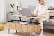 1000 mm Lift Top Coffee Table, Fluted Oval Coffee Table with 3 Hidden Compartment, Mid Century Wooden Oval Center Desk with Storage, Lift Up Tabletop for Home &amp; Office, Easy Assembly, Burlywood