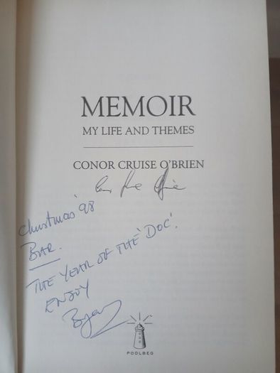 Memoir My Life and Themes Conor Cruise O'Brien Signed Hardback 1998
