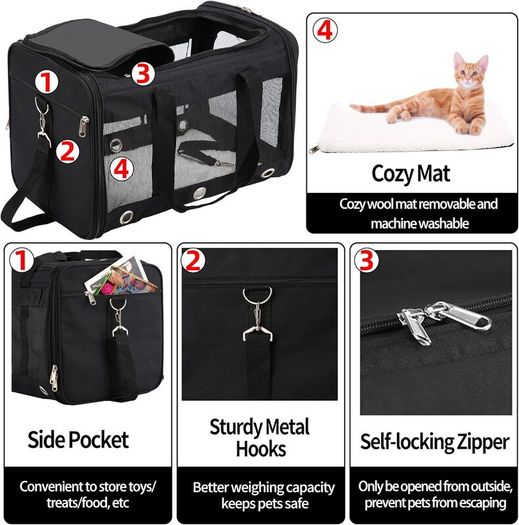 Cat Carrier - Airline Approved, Top Opening Portable Dog Bag with Breathable Mesh/Removable Mat, Adjustable Shoulder Strap & Bowl, Foldable Travel Cage, M, Grey (Max 7kg)