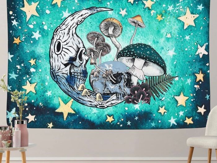 Skull Tapestry Mushroom Stars Moon Tapestry Abstract Hippy Trippy Wall Hanging Tapestry Home Decor (MULTIPLE SIZES)