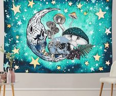 Skull Tapestry Mushroom Stars Moon Tapestry Abstract Hippy Trippy Wall Hanging Tapestry Home Decor (MULTIPLE SIZES)