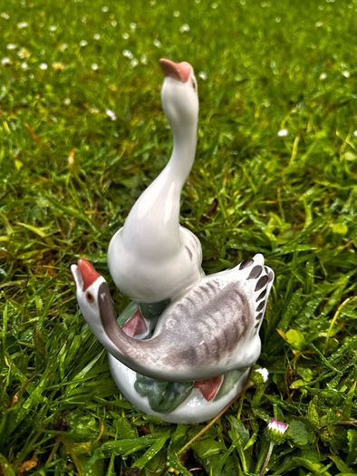 Mid-Century USSR Porcelain Sculpture Two Geese by Dmitry Gorlov Verbilki Export Mark DFZ