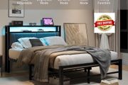 Double Bed Frame with Storage and LED Lights,4ft6 Metal Platform Bed Frame Double Size Bed Base with Charging Station,Mattress Base,Strong Slats Support,Under-bed Storage,Noise Free,Grey