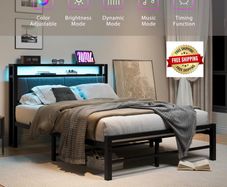 Double Bed Frame with Storage and LED Lights,4ft6 Metal Platform Bed Frame Double Size Bed Base with Charging Station,Mattress Base,Strong Slats Support,Under-bed Storage,Noise Free,Grey