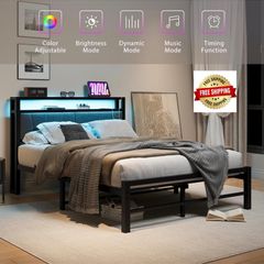 Double Bed Frame with Storage and LED Lights,4ft6 Metal Platform Bed Frame Double Size Bed Base with Charging Station,Mattress Base,Strong Slats Support,Under-bed Storage,Noise Free,Grey
