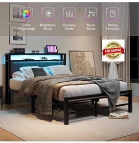 Double Bed Frame with Storage and LED Lights,4ft6 Metal Platform Bed Frame Double Size Bed Base with Charging Station,Mattress Base,Strong Slats Support,Under-bed Storage,Noise Free,Grey