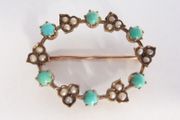 9ct gold Victorian seed pearl &amp; turquoise brooch