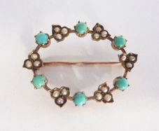 9ct gold Victorian seed pearl & turquoise brooch