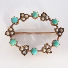 9ct gold Victorian seed pearl & turquoise brooch