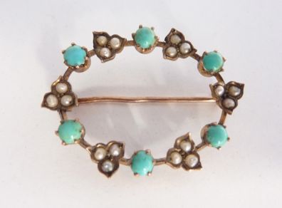 9ct gold Victorian seed pearl & turquoise brooch