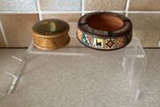 Vintage Handpainted Terracotta Ashtray &amp; Round Carved Wooden Handpainted Trinket Box
