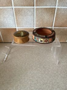 Vintage Handpainted Terracotta Ashtray & Round Carved Wooden Handpainted Trinket Box
