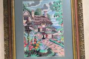 Vintage Hand Stitched Needlepoint Tapestry in Ornate Frame wall art Le Digeonier cottage