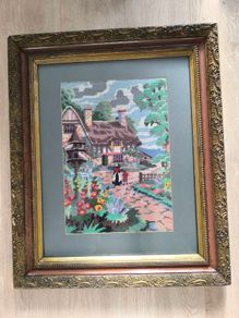 Vintage Hand Stitched Needlepoint Tapestry in Ornate Frame wall art Le Digeonier cottage
