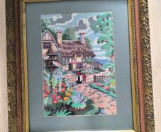 Vintage Hand Stitched Needlepoint Tapestry in Ornate Frame wall art Le Digeonier cottage