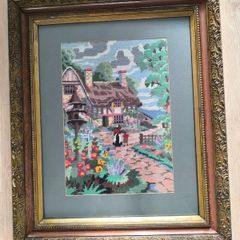 Vintage Hand Stitched Needlepoint Tapestry in Ornate Frame wall art Le Digeonier cottage