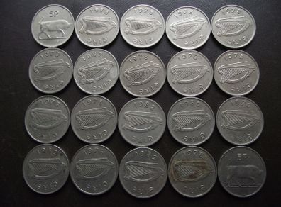 20 Irish 5 pence coins (1976-1982)
