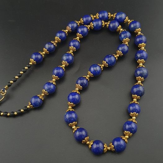 Vintage Blue Lapis Lazuli & Brass Beads Gemstone Necklace