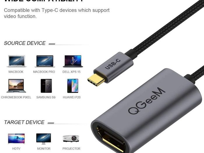 QGeeM USB-C Type (Thunderbolt 3 Compatible) DisplayPort (DP) Female (UHD 4K/60Hz) Gold-Plated/Nylon Braided/Aluminum Alloy Adapter Cable (Brand New/Warranty)