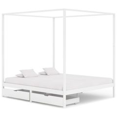 Canopy Bed Frame with 2 Drawers White Solid Pine Wood 180x200cm