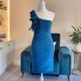 Pink Boom Paris Teal One-shoulder Dress with a Draped Flower Detail Image 4