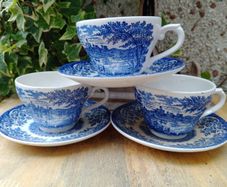 Broadhurst blue transferware, Blue and white cups and saucers