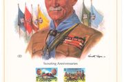 1982 Isle of Man Limited Edition Lithographed Print measuring 333mm X 257mm showing 75th Anniversary of Boy Scout Movement and 125th Birth Anniversary of Lord Baden-Powell Commemorative Stamps with First Day of Issue Cancel