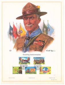 1982 Isle of Man Limited Edition Lithographed Print measuring 333mm X 257mm showing 75th Anniversary of Boy Scout Movement and 125th Birth Anniversary of Lord Baden-Powell Commemorative Stamps with First Day of Issue Cancel