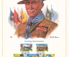 1982 Isle of Man Limited Edition Lithographed Print measuring 333mm X 257mm showing 75th Anniversary of Boy Scout Movement and 125th Birth Anniversary of Lord Baden-Powell Commemorative Stamps with First Day of Issue Cancel