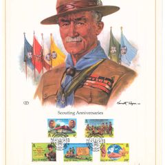 1982 Isle of Man Limited Edition Lithographed Print measuring 333mm X 257mm showing 75th Anniversary of Boy Scout Movement and 125th Birth Anniversary of Lord Baden-Powell Commemorative Stamps with First Day of Issue Cancel