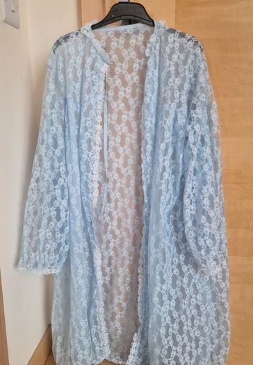 Vintage 1970s Baby Blue Lace Nightdress and Matching Robe Set  Size 30