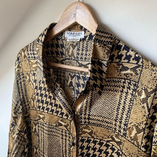 Vintage JAEGER 100% Silk Patchwork Blouse Houndstooth & Snakeskin Print L