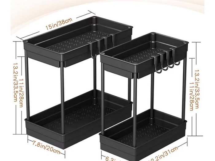 2 Pack Under Sink Storage - Kitchen Storage and Organisation, 2 Tier Kitchen Under Sink Shelf, Multi-Purpose Organisation for Bathroom,Black
