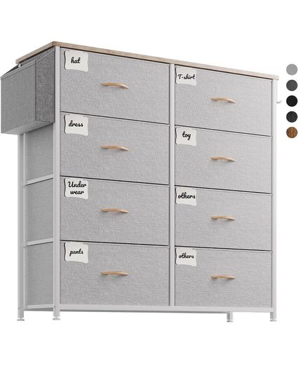 Fabric Chest of Drawers - Canvas Storage Unit with 8 Large Drawers Label Cards, Side Pocket & Hook for Living Room, Hallway, Bedroom