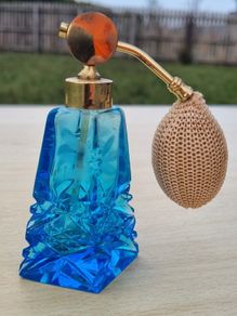 Art deco style cut glass blue perfume bottle