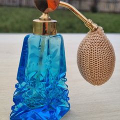 Art deco style cut glass blue perfume bottle