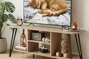 TV Unit for Living Room - 120cm Wooden TV Stand Cabinet with Open Shelves, Rounded Edges &amp; Metal Legs, Modern Media Console TV Bench