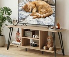 TV Unit for Living Room - 120cm Wooden TV Stand Cabinet with Open Shelves, Rounded Edges & Metal Legs, Modern Media Console TV Bench