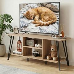 TV Unit for Living Room - 120cm Wooden TV Stand Cabinet with Open Shelves, Rounded Edges & Metal Legs, Modern Media Console TV Bench